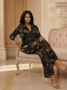 Anewsta Autumn/Winter Elegant Velvet Burnout Fabric Semi-Sheer Blouse & Elastic Waist Straight Leg Pants 2 Pieces Set For Women - Black - View 6