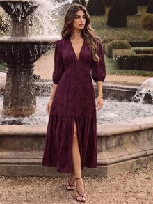 Anewsta Women's Summer Dress Valentine's Day Outfit White V-Neck Slit Lace Elegant Floor-Length Dress - Purple - View 5