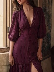 Anewsta Women's Summer Dress Valentine's Day Outfit White V-Neck Slit Lace Elegant Floor-Length Dress - Purple - View 3