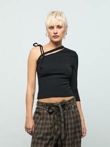 COUREZ Off Shoulder Asymmetric Black Top / Y2K For Women Cute Tops Women Cute Shirts Cute Autumn Tops Fall Clothes Winter Outfits Going Out Tops For Women - Black - View 4