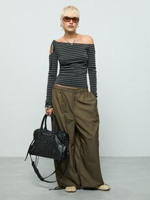 COUREZ Long Sleeve Off Shoulder Top In Stripe / Y2K Black Tops Cute Tops Cute Fall Clothes Autmn Tops Going Out Tops For Women Lonf Sleeve Tops Fall Clothes - Black - View 1