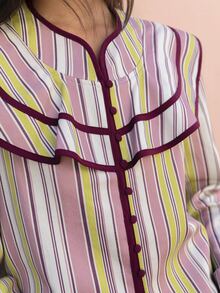 Nöista Pink And White Striped Cropped Jacket With Statement Ruffle Collar, Contrast Piping And Button Fastening. Elegant Layer For Fall High Tea Date Night - Pink - View 7