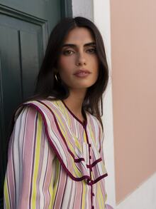 Nöista Pink And White Striped Cropped Jacket With Statement Ruffle Collar, Contrast Piping And Button Fastening. Elegant Layer For Fall High Tea Date Night - Pink - View 5