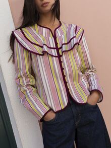 Nöista Pink And White Striped Cropped Jacket With Statement Ruffle Collar, Contrast Piping And Button Fastening. Elegant Layer For Fall High Tea Date Night - Pink - View 4