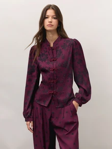 Nöista Burgundy Floral And Polka Dot Set With A High-Neck Blouse, Frog-Button Fastening And Puff Sleeves, Paired With Wide-Leg Trousers. A Cute Fall Style.. - Burgundy - View 5