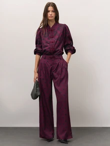 Nöista Burgundy Floral And Polka Dot Set With A High-Neck Blouse, Frog-Button Fastening And Puff Sleeves, Paired With Wide-Leg Trousers. A Cute Fall Style.. - Burgundy - View 4