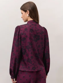 Nöista Burgundy Floral And Polka Dot Set With A High-Neck Blouse, Frog-Button Fastening And Puff Sleeves, Paired With Wide-Leg Trousers. A Cute Fall Style.. - Burgundy - View 7
