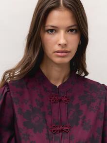 Nöista Burgundy Floral And Polka Dot Set With A High-Neck Blouse, Frog-Button Fastening And Puff Sleeves, Paired With Wide-Leg Trousers. A Cute Fall Style.. - Burgundy - View 8