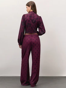Nöista Burgundy Floral And Polka Dot Set With A High-Neck Blouse, Frog-Button Fastening And Puff Sleeves, Paired With Wide-Leg Trousers. A Cute Fall Style.. - Burgundy - View 10
