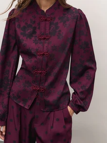 Nöista Burgundy Floral And Polka Dot Set With A High-Neck Blouse, Frog-Button Fastening And Puff Sleeves, Paired With Wide-Leg Trousers. A Cute Fall Style.. - Burgundy - View 2