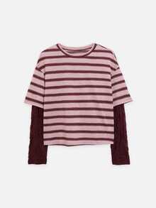 Nöista Striped T-Shirt With Lace Patchwork Details. Feminine Everyday Essential For Casual Outings And Weekend Wear. Aesthetic Chic - Burgundy - View 6