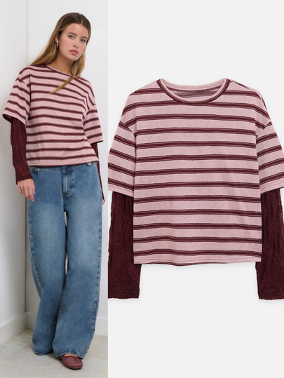 Nöista Women's Striped Lace Patchwork Casual Versatile Daily Outing T-Shirt