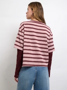 Nöista Striped T-Shirt With Lace Patchwork Details. Feminine Everyday Essential For Casual Outings And Weekend Wear. Aesthetic Chic - Burgundy - View 5