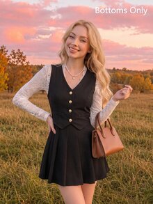 SHEIN MOD 秋冬女士单排扣背心和百褶裙套装 - 黑色 - 查看 1