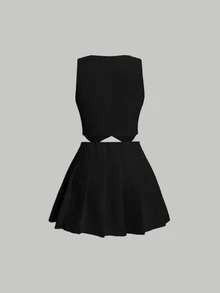 SHEIN MOD 秋冬女士单排扣背心和百褶裙套装 - 黑色 - 查看 2