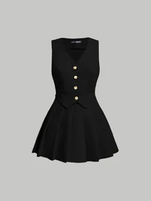 SHEIN MOD 秋冬女士单排扣背心和百褶裙套装 - 黑色 - 查看 4