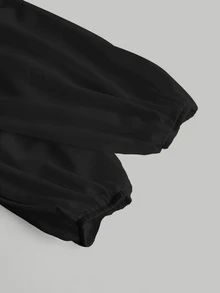 SHEIN MOD 女桃皮絨布料修身燈籠袖襯衫 - 黑色 - 查看 3