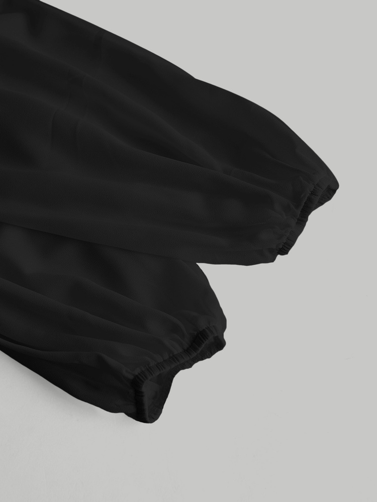 SHEIN MOD 女桃皮絨布料修身燈籠袖襯衫 - 黑色 - 查看 3