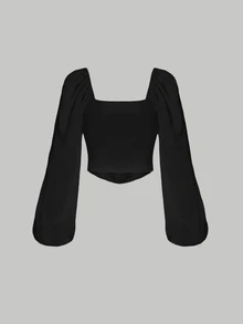 SHEIN MOD 女桃皮絨布料修身燈籠袖襯衫 - 黑色 - 查看 2