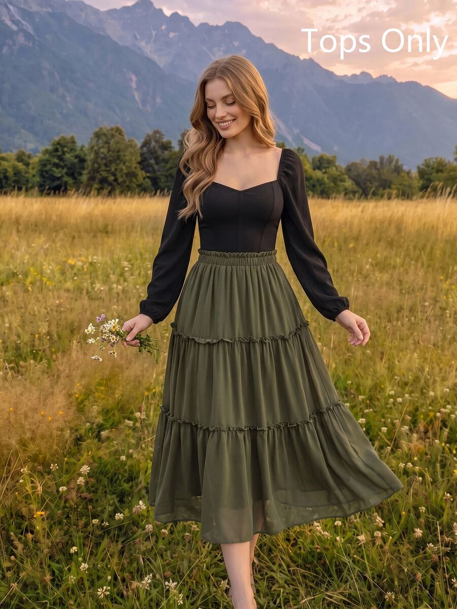 SHEIN MOD 女桃皮絨布料修身燈籠袖襯衫 - 黑色 - 查看 1