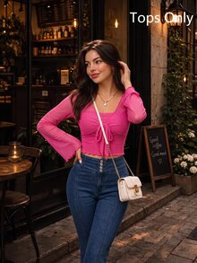 SHEIN MOD Tie Front Lettuce Trim Tee - Hot Pink - View 6