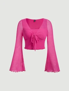 SHEIN MOD Tie Front Lettuce Trim Tee - Hot Pink - View 5