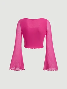 SHEIN MOD Tie Front Lettuce Trim Tee - Hot Pink - View 2