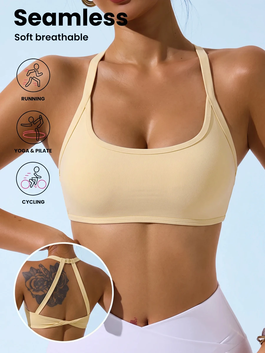 SHEIN Sovereign Charm Women's Solid Color Back Cutout Everyday Fitness Sports Bra - Yellow - View 1