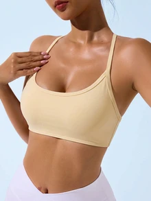 SHEIN Sovereign Charm Women's Solid Color Back Cutout Everyday Fitness Sports Bra - Yellow - View 6