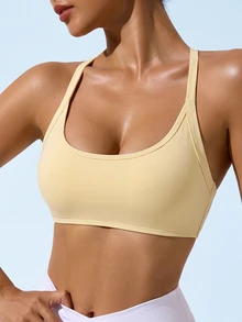 SHEIN Sovereign Charm Women's Solid Color Back Cutout Everyday Fitness Sports Bra - Yellow - View 10