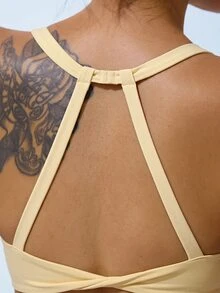 SHEIN Sovereign Charm Women's Solid Color Back Cutout Everyday Fitness Sports Bra - Yellow - View 2