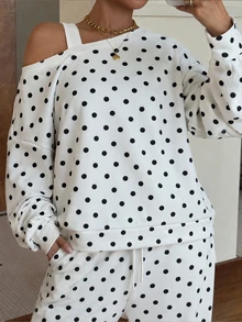 SHEIN 女童秋冬衛衣套裝，秋季穿搭，不對稱肩帶拼接短版上衣附蝴蝶結印花 + 配套鬆緊腰直筒... - 白色 - 查看 5