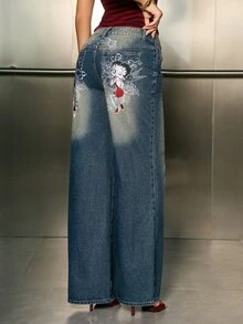 Betty Boop x SHEIN Women's Casual Daily Denim Jeans With Pocket, Button And Cartoon Pattern - Blue - View 5