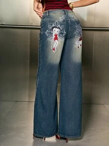 Betty Boop x SHEIN Women's Casual Daily Denim Jeans With Pocket, Button And Cartoon Pattern - Blue - View 4