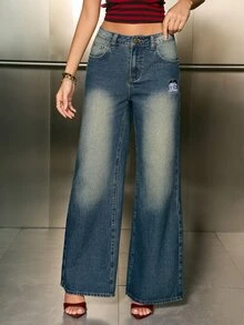 Betty Boop x SHEIN Women's Casual Daily Denim Jeans With Pocket, Button And Cartoon Pattern - Blue - View 6