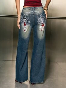 Betty Boop x SHEIN Women's Casual Daily Denim Jeans With Pocket, Button And Cartoon Pattern - Blue - View 3