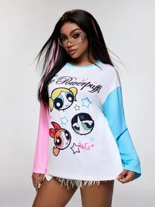 THE POWERPUFF GIRLS X SHEIN Women's Colorblock Patchwork Cartoon Print Top - White - View 4