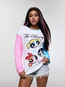 THE POWERPUFF GIRLS X SHEIN Women's Colorblock Patchwork Cartoon Print Top - White - View 3