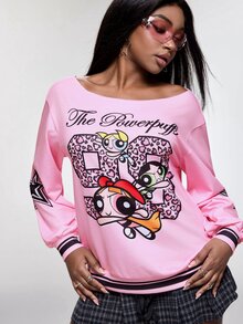 THE POWERPUFF GIRLS X SHEIN Women's Cartoon Pattern Striped Print Color Block Sweatshirt Fashion - Pink - View 5