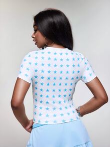 THE POWERPUFF GIRLS X SHEIN Women's Letter Cartoon Print Slim Fit Versatile Casual Daily T-Shirt - Blue and White - View 2