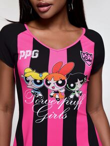 THE POWERPUFF GIRLS X SHEIN Gaun Lengan Pendek Motif Kartun Garis-garis untuk Wanita - MultiWarna - View 6