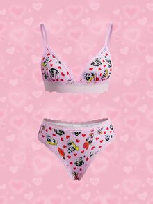 THE POWERPUFF GIRLS X SHEIN Women's Cartoon Print Lingerie Set - Pink - View 1