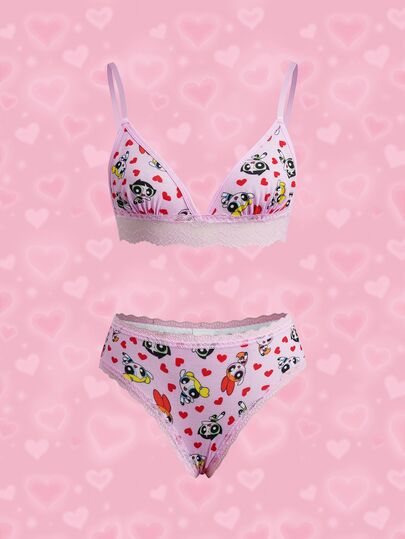 THE POWERPUFF GIRLS X SHEIN Women's Cartoon Print Lingerie Set