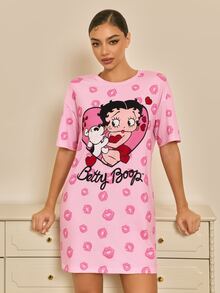 Betty Boop x SHEIN Women's Cute Cartoon Print Round Neck Short Sleeve Nightgown - Pink - View 6