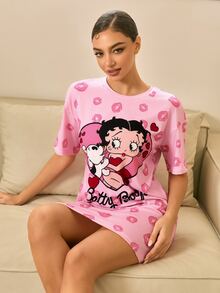 Betty Boop x SHEIN Women's Cute Cartoon Print Round Neck Short Sleeve Nightgown - Pink - View 8