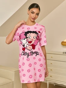 Betty Boop x SHEIN Women's Cute Cartoon Print Round Neck Short Sleeve Nightgown - Pink - View 4