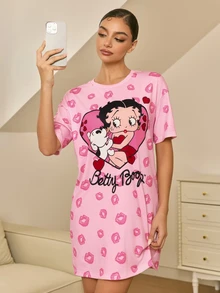 Betty Boop x SHEIN Women's Cute Cartoon Print Round Neck Short Sleeve Nightgown - Pink - View 3