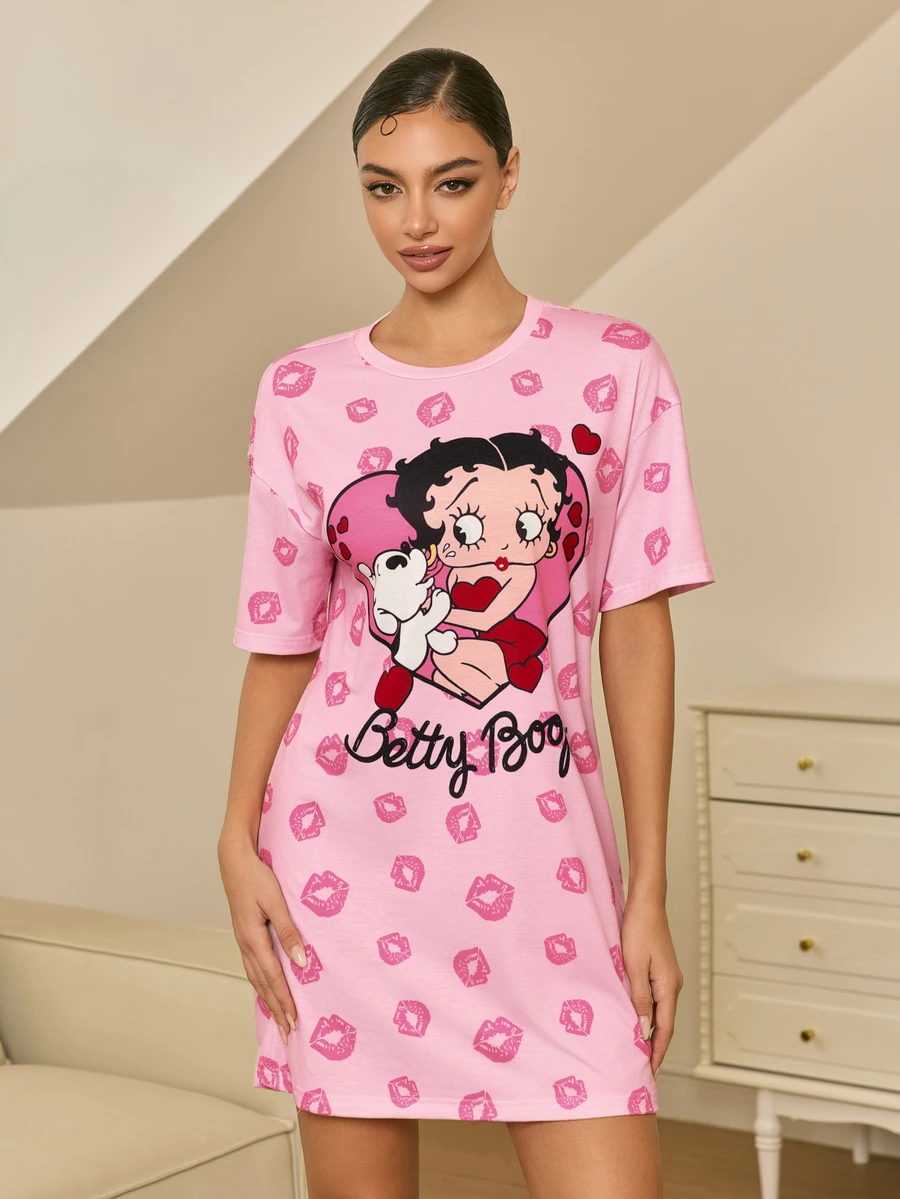 Betty Boop x SHEIN Women's Cute Cartoon Print Round Neck Short Sleeve Nightgown - Pink - View 1
