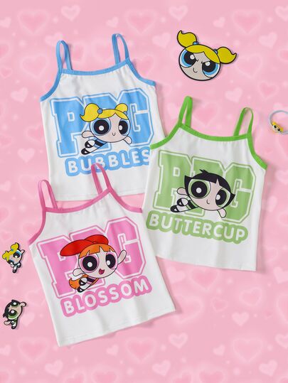 THE POWERPUFF GIRLS X SHEIN ملابس علوية داخلي بدون أكمام بطبعة كرتونية وحروف كاجوال للاستخدام اليومي للفتيات الصغيرات