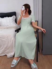 Napfluff Einfarbiges frisches süßes Damen-Nachthemd mit Kontrastbesatz, quadratischem Ausschnitt und kurzen Ärmeln - Grün - Übersicht 3